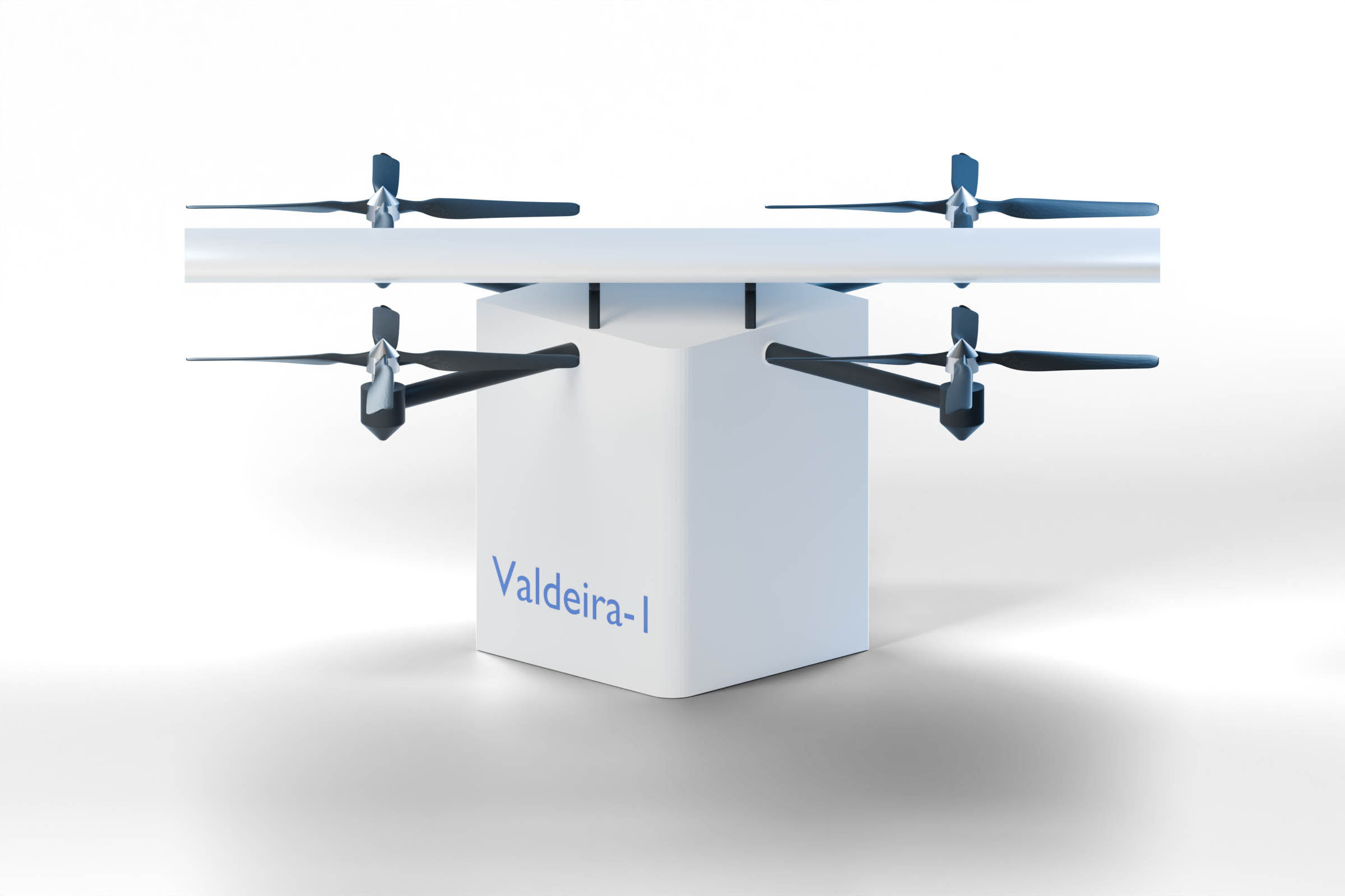 Front view of the Valdeira-1 design, with four propellers, a white wing and a central cargo compartment