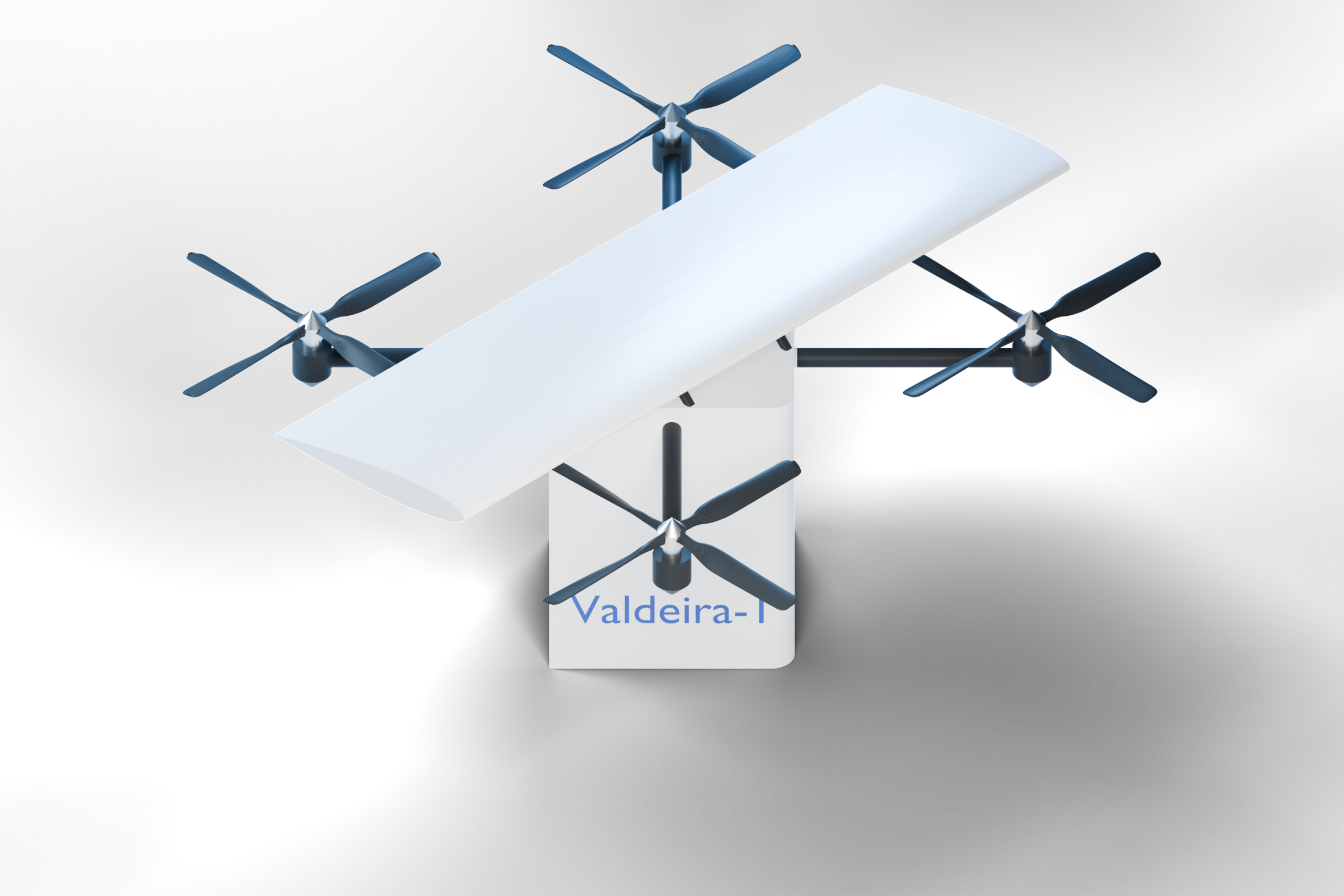 Three-quarter view of the Valdeira-1 design, showing the wing, propellers and cargo compartment